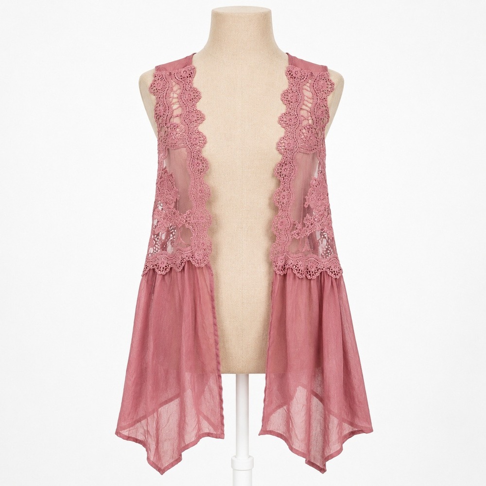 Floral Fairy Lace Sheer Chiffon Open Cardigan Vest Sz L Pink Festival Indie Y2K